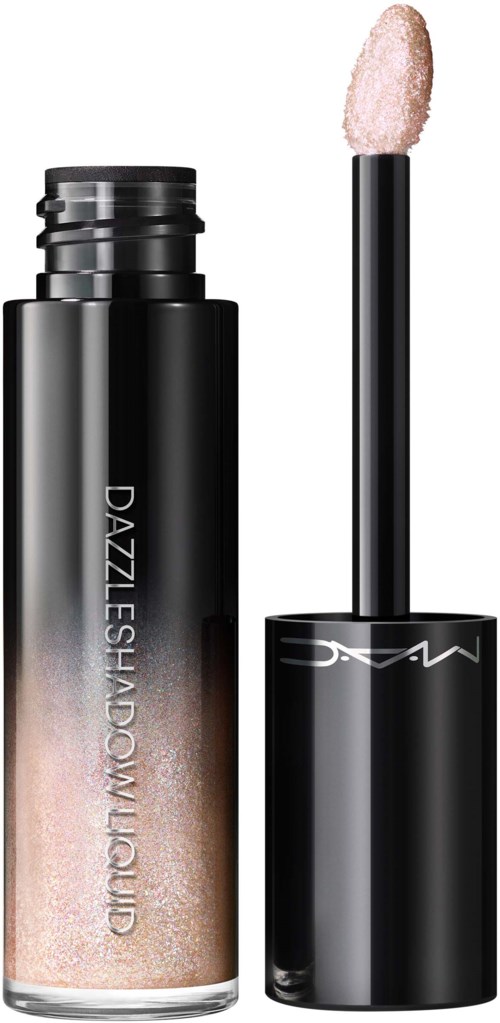 Lipgloss fles met applicator, labeled Dazzleshadow Liquid, zwart deksel, glanzende fles, en lichtroze glans.