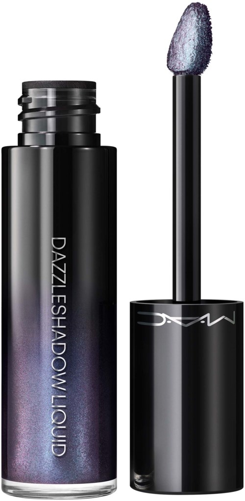 Czarna tubka szminki z aplikatorem, pokazująca fioletowy, połyskujący błyszczyk lub liquid lipstick.