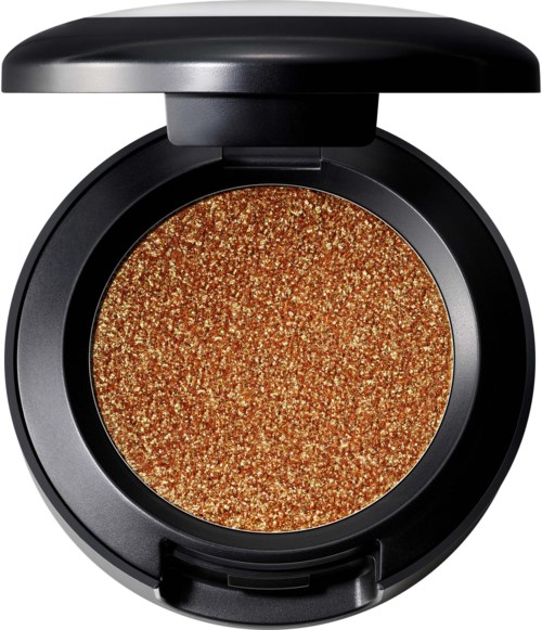 Een ronde make-up met een glanzende, goudglitters kleur, in een zwarte behuizing.