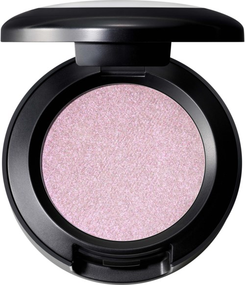 Ronde, roze oogschaduw met glitter en een zwart compactdoosje.