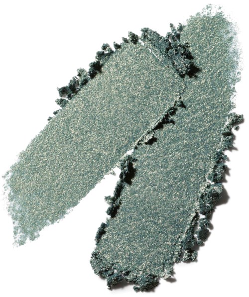 Twee vegen van glanzende zilvergroene make-up met getextureerde randen, licht overlappend.