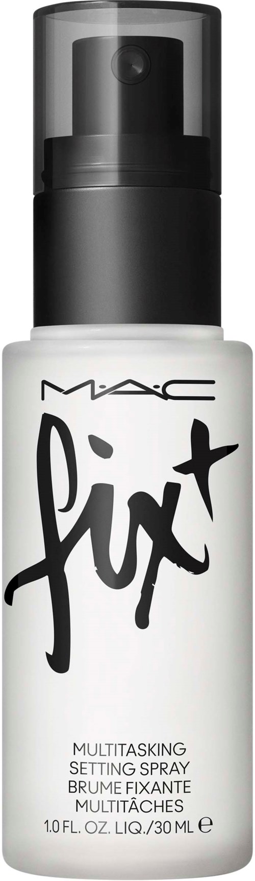 Eine weiße Flasche mit schwarzem Deckel, bezeichnet MAC Fix+ Multitasking-Einstellungen Spray.