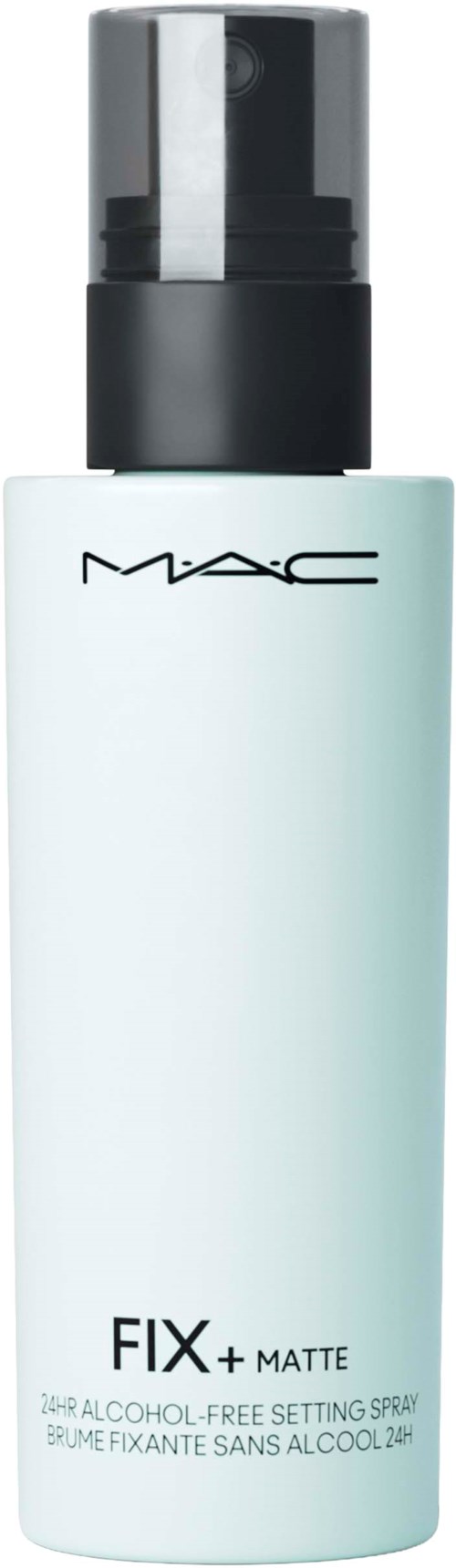 Een witte fles met zwarte dop gemerkt MAC FIX+ MATTE, een make-up fixatiespray.