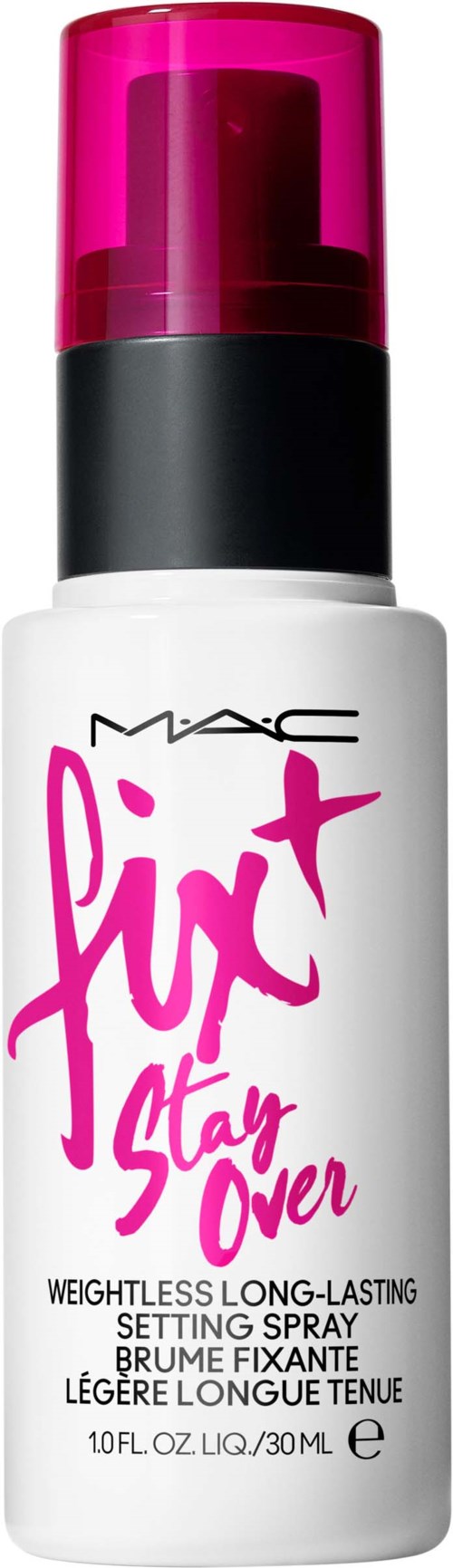 White spray bottle with pink and black cap, labeled 'MAC Fix+' for setting makeup.