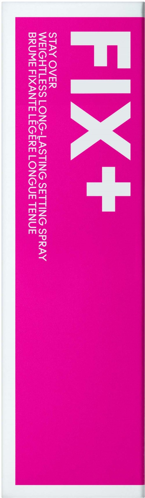 A bright pink box with white text, advertising a setting spray called FIX+ and advising to stay over and use.