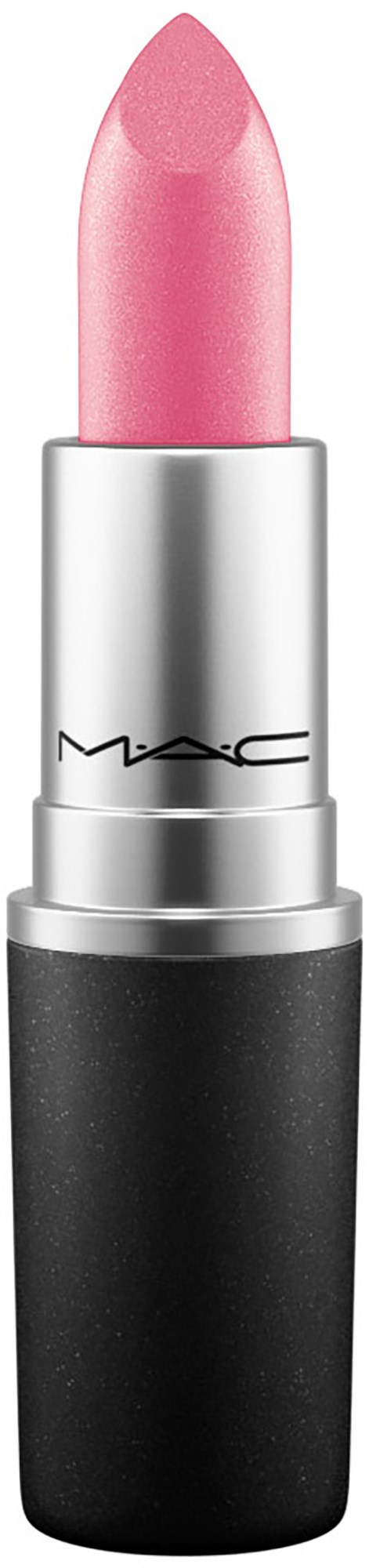 Een roze lippenstift in een zilveren en zwarte huls, gemarkeerd MAC.