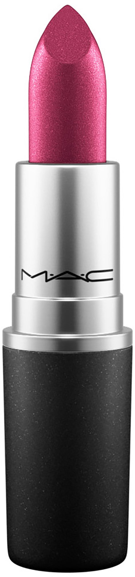 Een roze lippenstift in een zilveren en zwarte huls met MAC-logo.