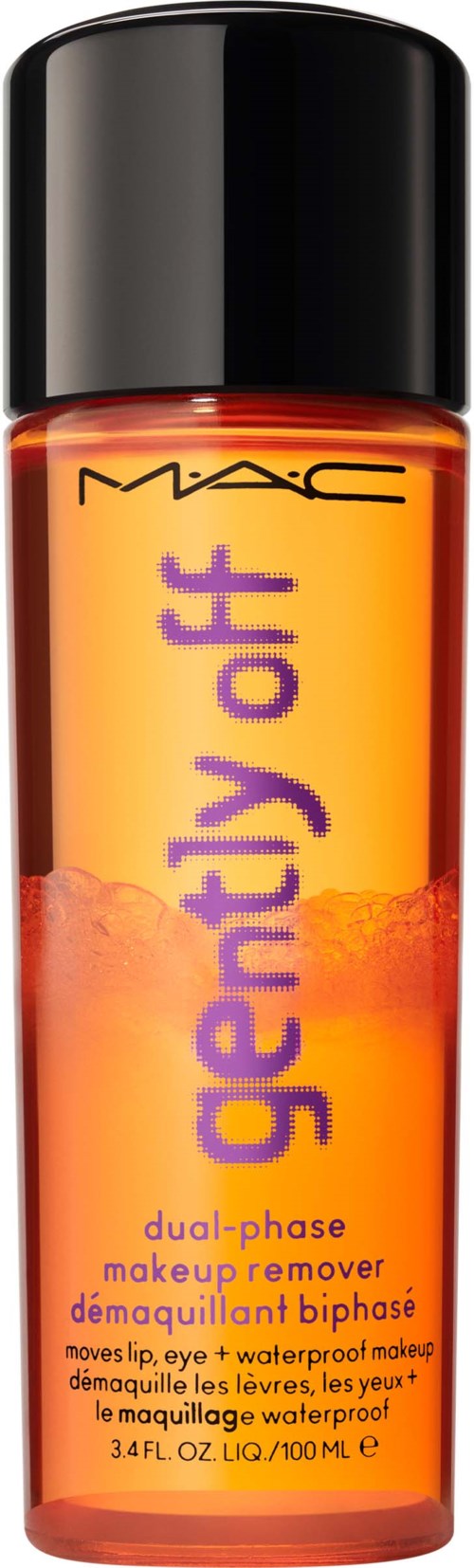 Een fles MAC "Gently Off" tweefasige make-up remover met oranje vloeistof en zwarte dop.