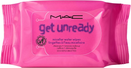 Roze verpakking van MAC micellairwaterdoekjes met 'get unready' voor het verwijderen van make-up, 30 vellen.