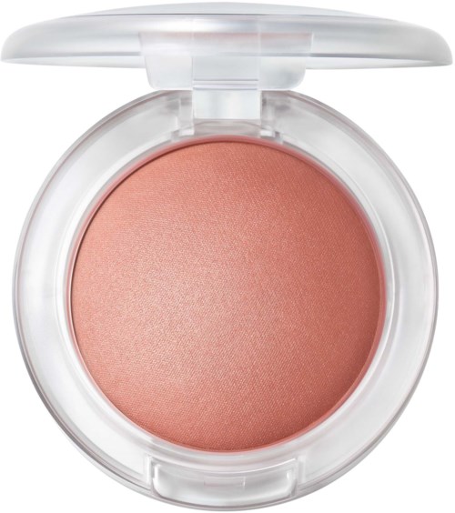 A round blush container with a peach-colored pressed powder inside and a clear lid.