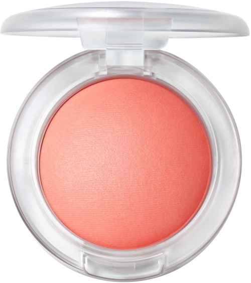 A round makeup blush in a transparent compact with a lid, coral pink color inside.