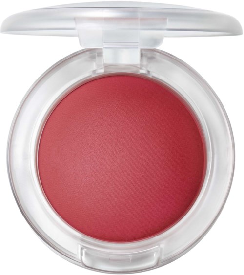 En rund blushbehållare med klar lucka som visar rosa-röd makeup inuti.