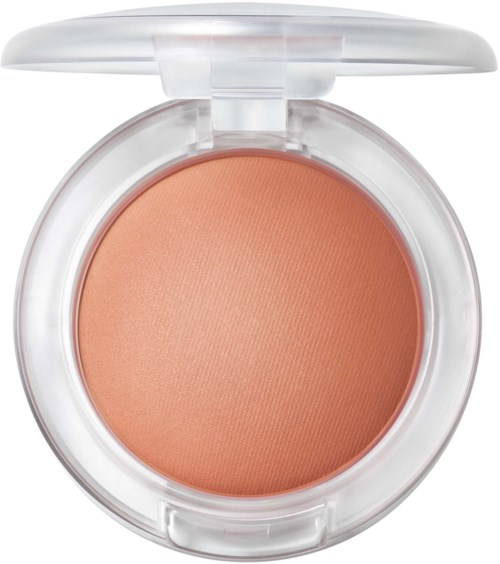 A round makeup compact with a lid open, containing peach-colored pressed powder.