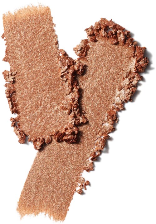 Three smudged swatches of shimmery bronze and beige eyeshadow with a soft, glittery finish.