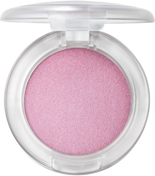 Pink shimmery blush in a round compact with a clear lid.