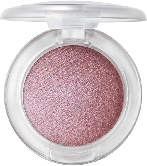 Pink shimmery eyeshadow in a round open container with white lid.