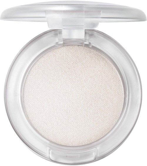 White cushion compact with open clear lid, showing powder inside.
