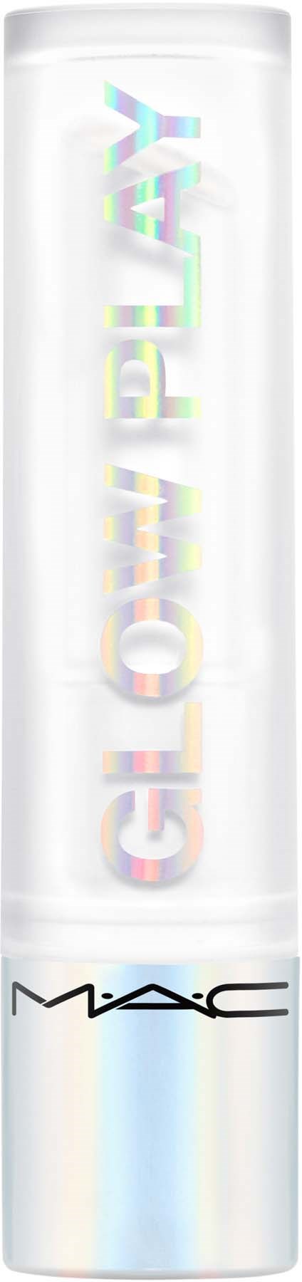 En vit cylindrisk tub med färgglad iriserande text som säger "GLOW PLAY" och MAC-logotyp längst ner.
