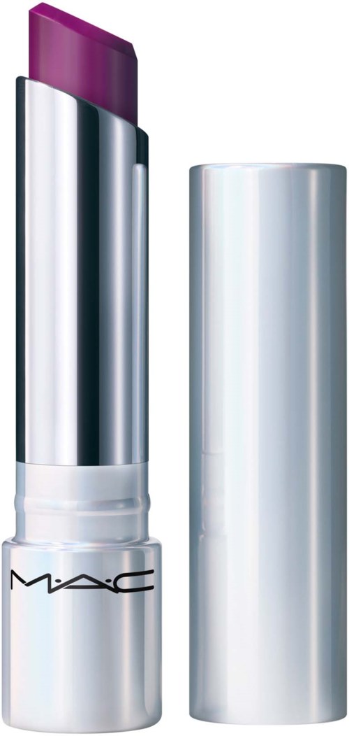 Een paarse lipstick met zilveren huls en zilveren dop, rechtopstaand.