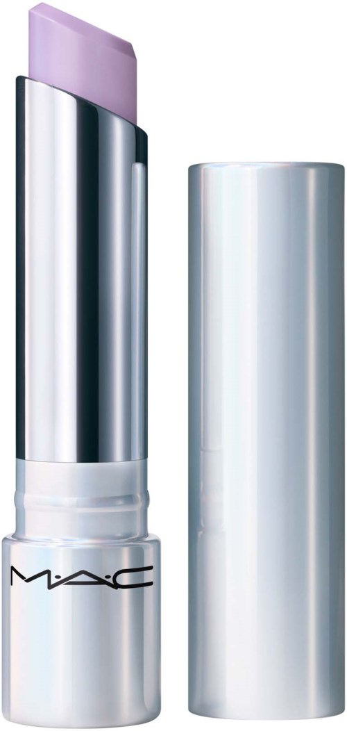 Een MAC-lippenstift met een zilveren huls en lichtpaarse lipstick. De dop is verwijderd en ernaast geplaatst.