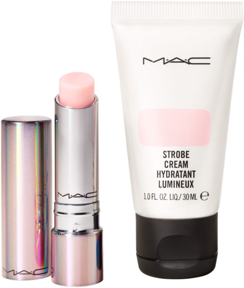 M·A·C lipstick en hydraterende crème met roze kleuren op witte achtergrond.