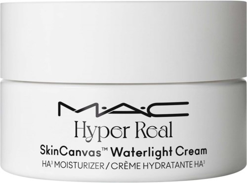 Een wit potje van MAC Hyper Real SkinCanvas Waterlight Cream met zwarte tekst op de voorkant.