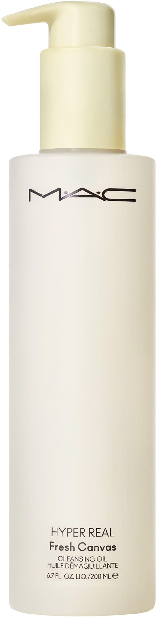 Eine weiße Flasche von MAC Hyper Real Fresh Canvas, ein Reinigungsöl mit Pumpaufsatz.