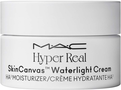 Een witte pot met zwarte tekst toont dat het MAC Hyper Real SkinCanvas Waterlight Cream, een vochtinbrengende crème, is.