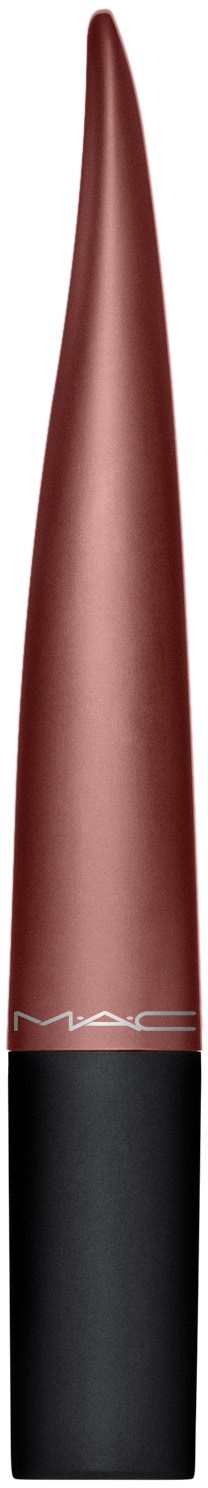 En läppstift med en glänsande, rosa färgad topp och en svart bas, står upprätt mot en svart bakgrund.