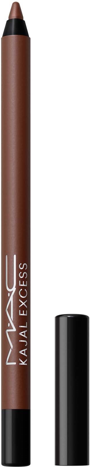 Produkt do makijażu w kształcie kredki z czarną nakrętką, oznaczone MAC Kajal Excess, brązowy odcień. Otwarte, aby pokazać końcówkę.