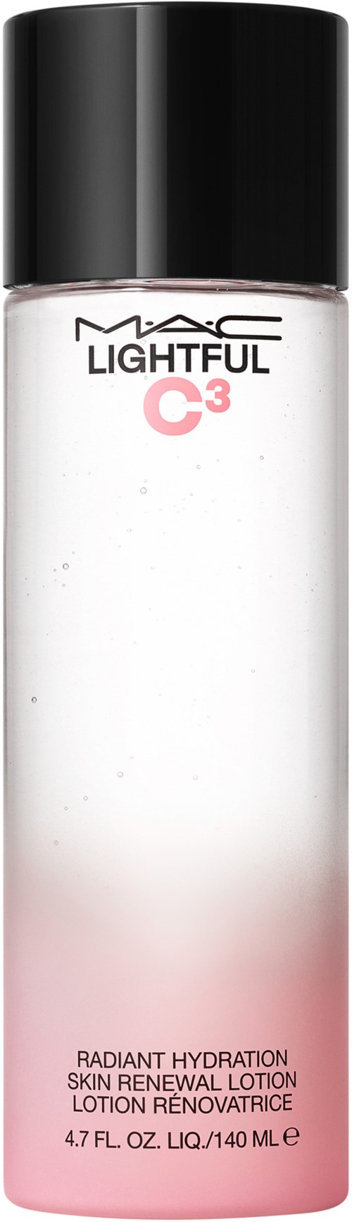 A skincare lotion bottle labeled 'Lightful C3' for skin renewal and hydration, with a black cap and a pink gradient at the bottom.