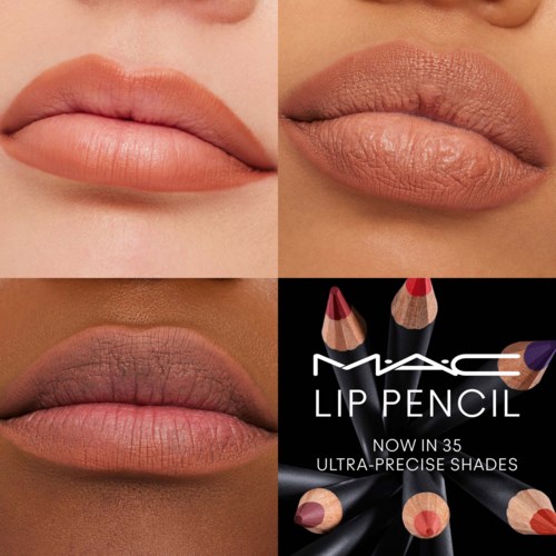 Verschillende lippen voor en na make-up, plus een MAC lipliner-advertentie met tinten en potloden.