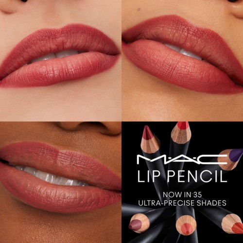 Drei Bilder von Lippen mit Make-up und eine MAC Lip Pencil Werbung mit Farbtönen.