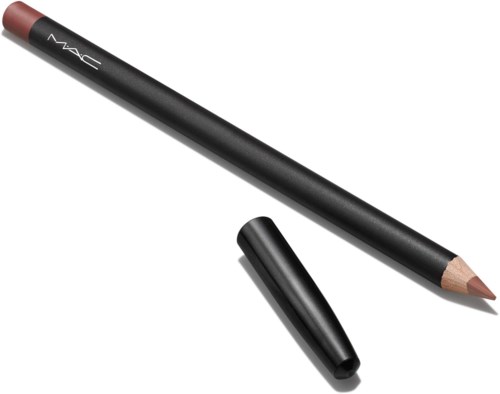 Een MAC make-uppotlood zonder dop, met een bruine lipliner of vergelijkbaar product.