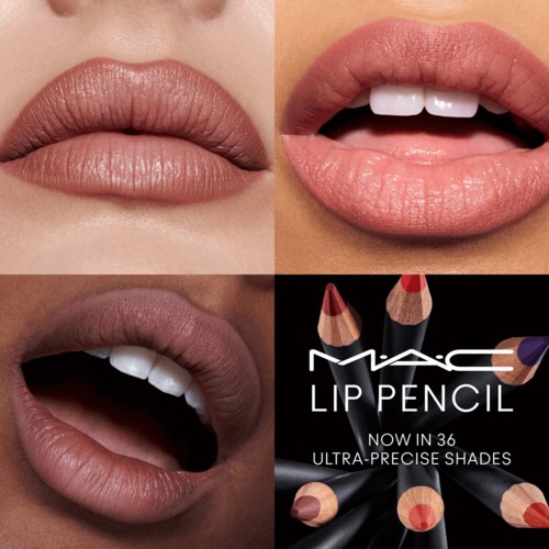 De afbeelding toont drie close-ups van lippen en een MAC lip pencil logo, met lipkleuren en gereedschappen.