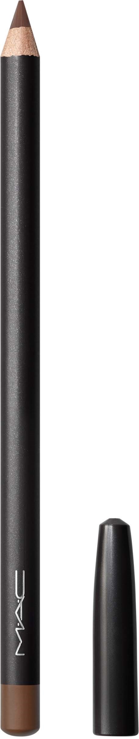 A black eyebrow pencil with a sharp tip, and a black cap placed beside it.