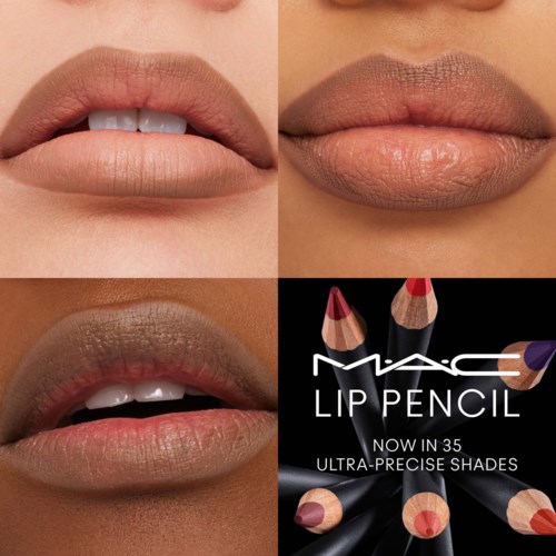 Three lips with different shades of lipstick and a MAC Lip Pencil advertisement with lip pencils.