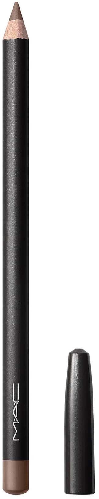 Ein schwarzer Eyelinerstift mit Deckel, gekennzeichnet 'MAC', steht aufrecht vor einem schwarz-weißen Hintergrund.