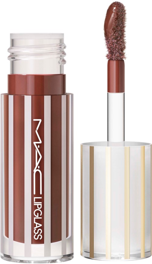Een lippenstift en applicator met glanzende zilveren en witte strepen, en een bruin lippenstiftkleur.