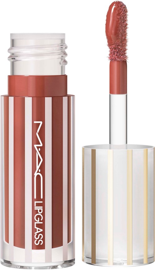 Een MAC lipglossverpakking met een kwastje erin, toont een roze-bruin kleur.
