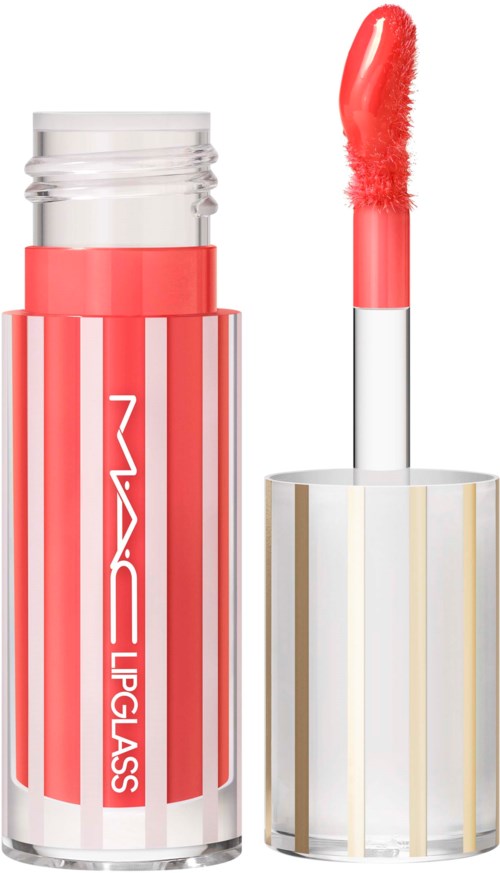 Een rood lipgloss-buisje met een kwast en een glanzende afwerking.