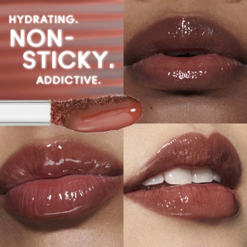 Lippen glans met glanzende, gladde lippen. Bevat tekst over een hydraterende, niet-plakkerige en verslavende product.