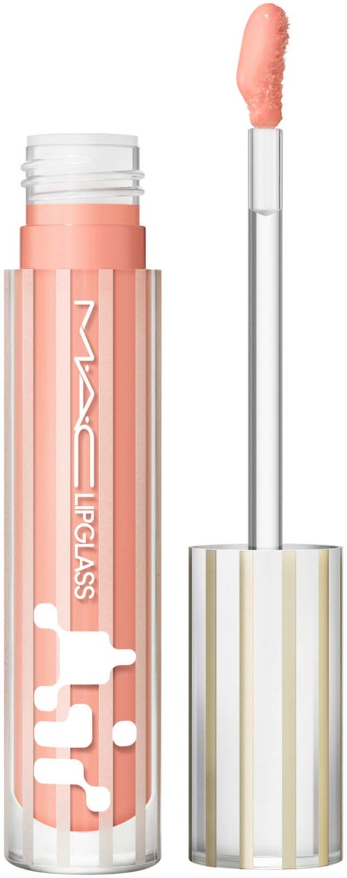 Ein pfirsichfarbenes Lipgloss-Röhrchen mit klarer Kappe und Applikatorstab. Marke ist MAC Lipglass.