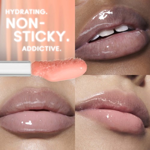 Auftragen von Lipgloss, zeigt glänzende, glatte Lippen und eine Nahaufnahme eines Lipgloss-Röhrchens. Der Text betont Feuchtigkeit und Nicht-Klebigkeit.