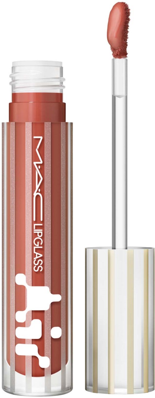 Lippenbalsemtub met witte en gouden dop, open met applicator en glans.
