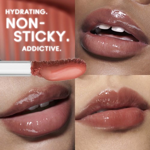 Lippenbalsem met een glanzende, gladde afwerking op lippen, toont texturen en glanseffecten.