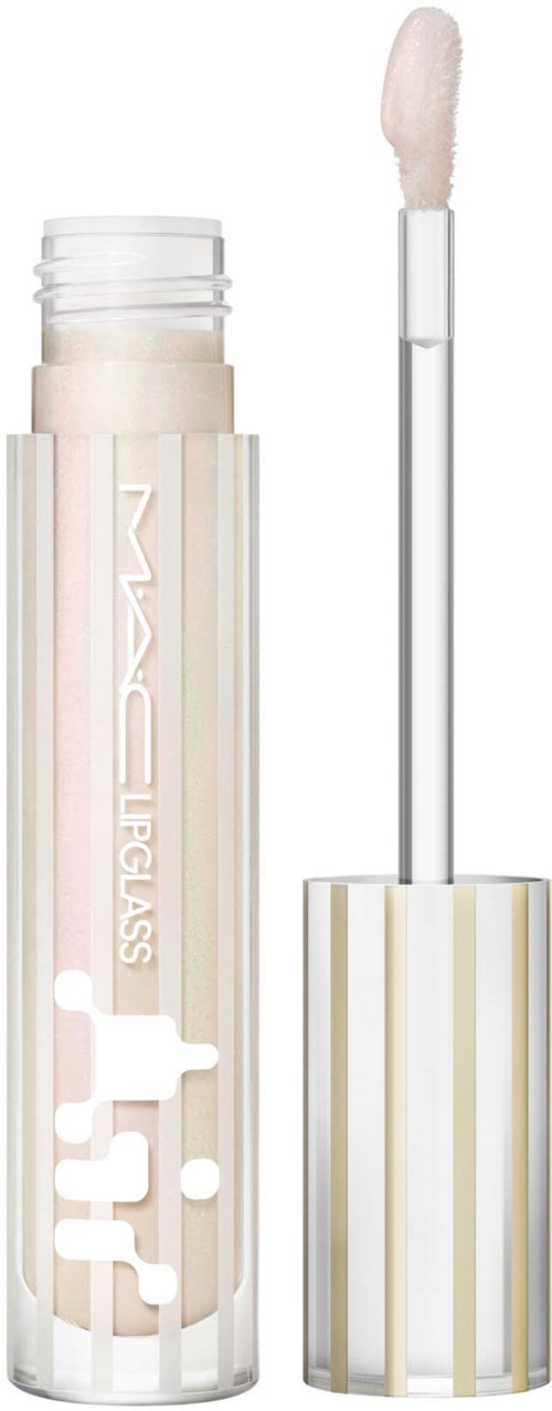 Lipglossbuis met een wit, pluizig applicatorkwastje en een doorzichtige, gestreepte dop.