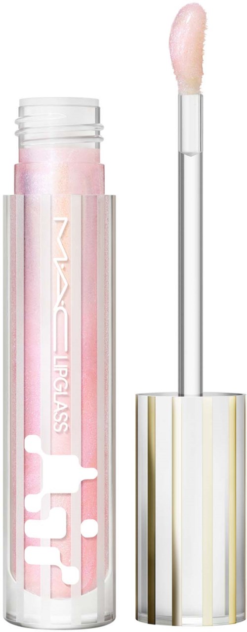 Een lipglossbuis met roze glans erin en een kwastapplicator buiten de buis, versierd met witte en gouden strepen.