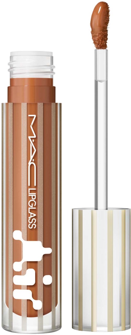 Een MAC Lipglass-buis met doorzichtige dop, met beige lipgloss en applicator.