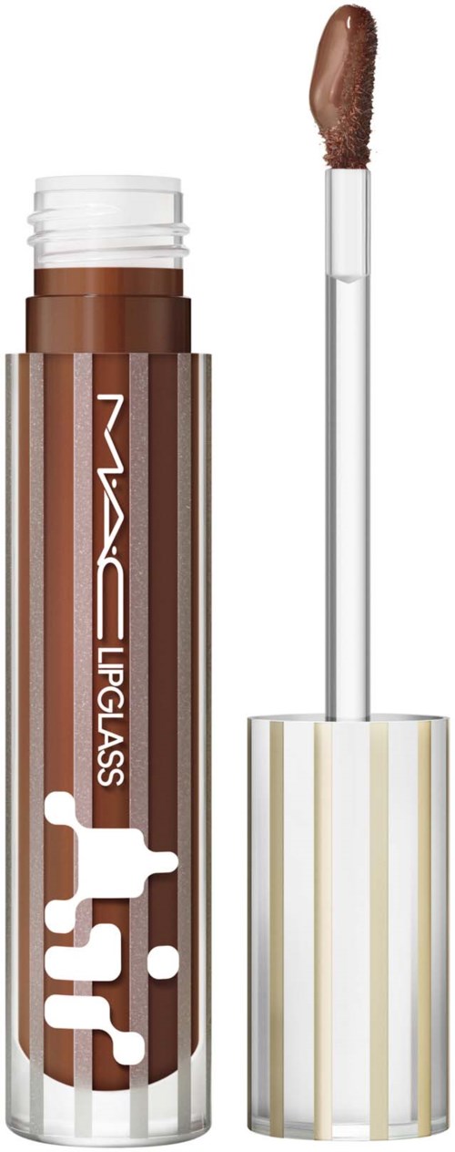 Een bruine MAC Lipglass-buis met een doorzichtig applicatortip en een met goud gestreepte dop.